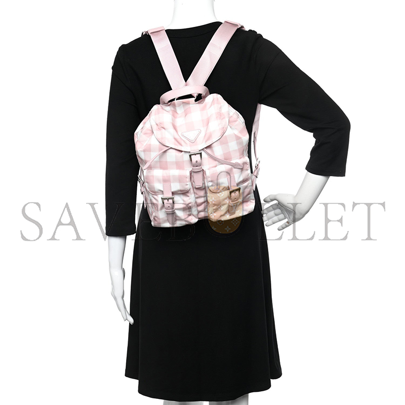 PRADA RE-NYLON SAFFIANO GINGHAM PRINT SMALL BACKPACK ALABASTRO 1BZ677 (28*23.5*12cm) 